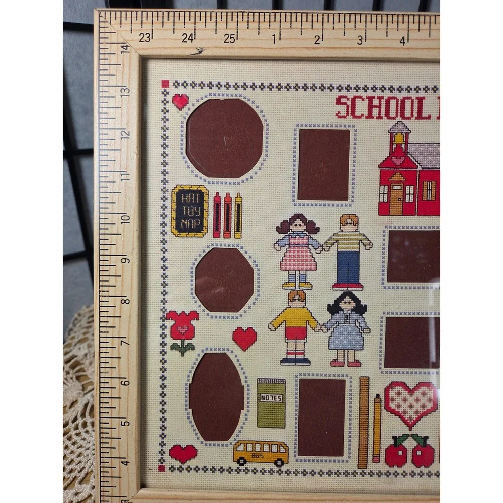Vintage School Days Cross Stitch cottagecore Prairie Photo Frame Ruler Border